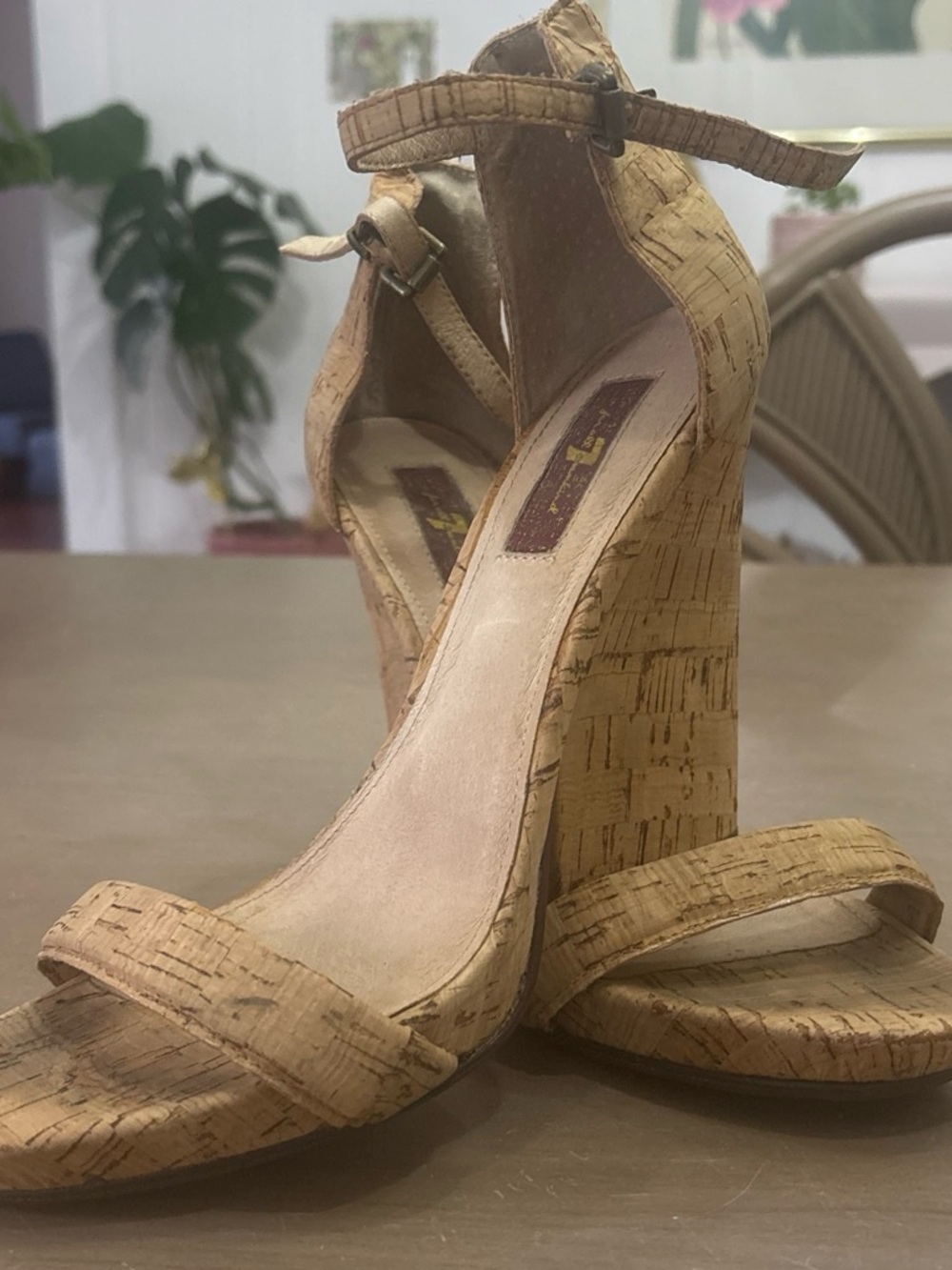 7 For All Mankind Cork-Textured Wedge Sandals in Tan